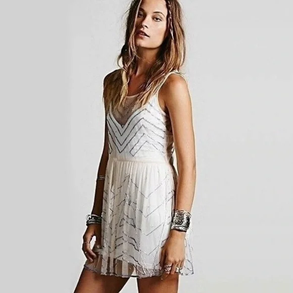 Free People Embellished Slip Mesh Beaded Dress Sz S - Picture 3 of 13
